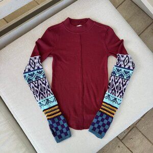 New Free People Gorgeous Thermal Printed Cuff Long Sleeve Mock Neck Red XS